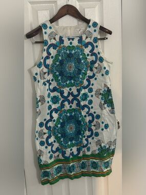 London Times White Tank Top with Blue and Green Medallion Print